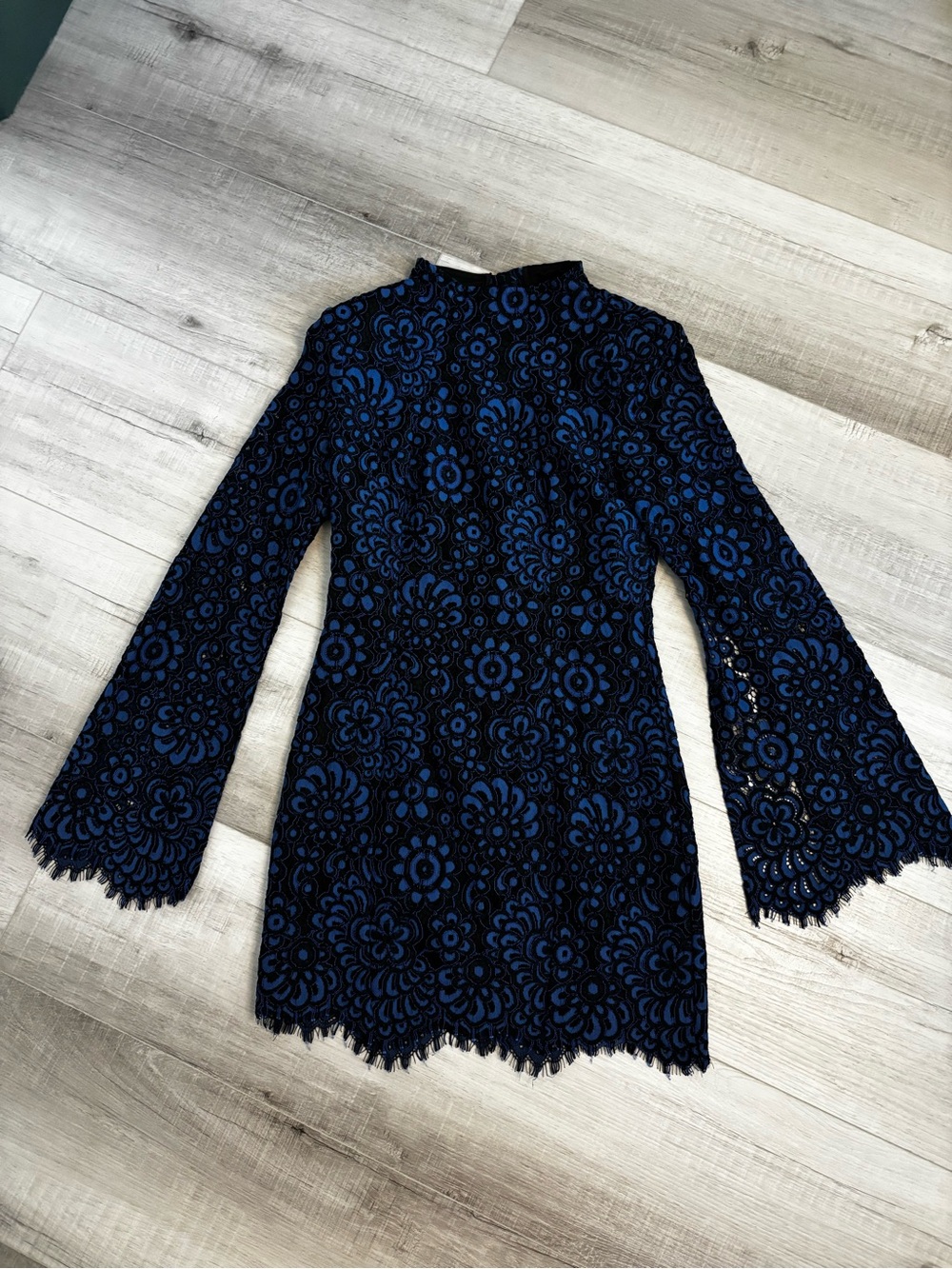 Mossman Blue Black Floral Lace Long Sleeve Mini Dress Size 6